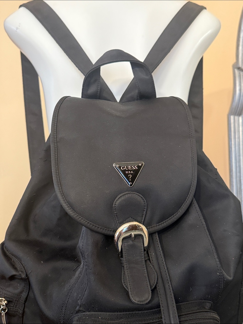 GUESS Black Nylon Buckle Drawstring Backpack - Picture 6 of 8